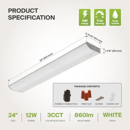 ASD 20 Pack LED Under Cabinet Lighting, 24 inch 12W 822 LM, Dimmable Hardwired Under Cabinet Lights for Kitchen, 3000K/4000K/5000K, Under Counter Light Fixtures, ETL, White, Bullnose Design - color: 24 Inch White, size: 20 Pack