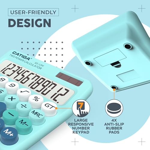 CATIGA Mechanical Switch Calculator with Solar and Battery Dual Power, 12-Digit Large LCD Display, Aesthetic and Cute Desktop Calculator with Big Button, for Home, School and Office Use, SD-1299 - color: Z) Aqua Blue