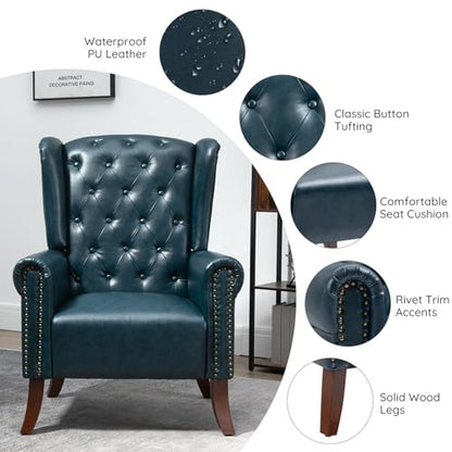 MOJAY Modern PU Leather Accent Chair, Living Room Lounge Sofa Chair with Buttons, Single Club Armchair with Rivet Trim for Bedroom Home Reception (DarkBlue) - color: Blue, size: Set of 1