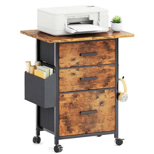 Mexin 3 Drawer File Cabinet with 22'' Extended Desktop, Mobile Filing Cabinet, Printer Stand, Rolling Printer Stand with Side Bag, Fabric Drawer, Fits A4 Size, Home Office,Rustic Brown - color: Rustic Brown