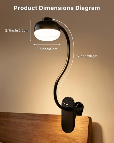 Pebble-Shaped Clip on Reading Light with Detachable Lamp Head, 5000mAh Rechargeable Battery, 360° Ambient Glow, Remote & Timer, Stepless Dimming, 12inch Gooseneck Clamp Lamp for Bed Headboard & Desk