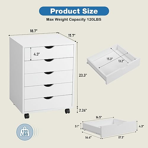 OLIXIS 5 Drawer File Cabinet on Wheels, Printer Stand Storage Cabinet - color: White, size: 5 Chest