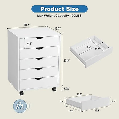 OLIXIS 5 Drawer File Cabinet on Wheels, Printer Stand Storage Cabinet - color: White, size: 5 Chest