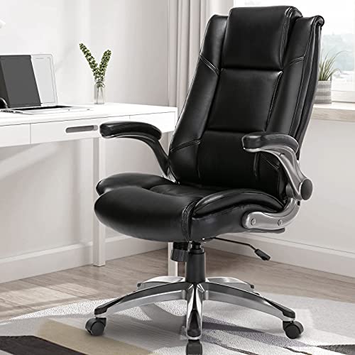 MALOL Leather Executive Office Chair - High Back Home Computer Desk Chair with Padded Flip-up Arms, Adjustable Tilt Lock, Swivel Rolling Ergonomic Chair for Adult Working Study, Black - color: Black