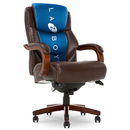 La-Z-Boy Delano Big and Tall Executive Office Chair - Ergonomic Lumbar Support Memory Foam - Bonded Leather Desk Chair for Home Office - Mahogany Wood Arms - Chestnut Brown - color: Brown