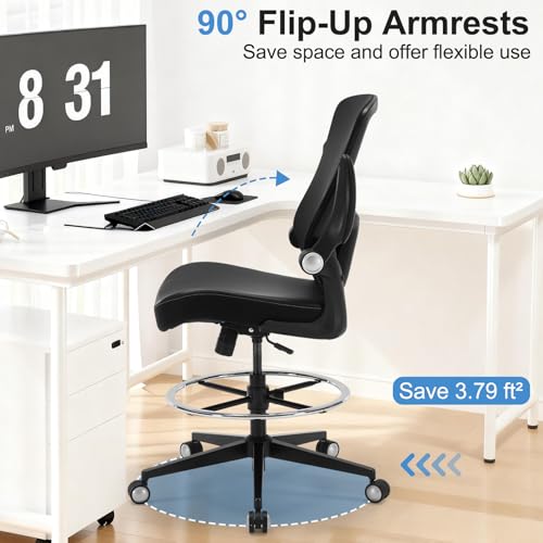 Drafting Chair 400lbs Heavy Duty Tall Office Chair Big and Tall Ergonomic Standing Desk Chair with Lumbar Support and Adjustable Footrest Ring, Comfy Mesh Wide Chair with Flip-up Armrests, Black
