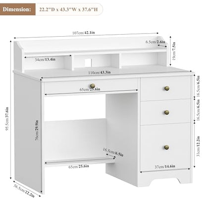 TTVIEW Computer Desk with Drawers and Hutch Shelf, Wood Executive Desk Writing Study Table with 43” Wide Tabletop, Small Desk with File Drawer for Home Office Bedroom, White - color: White
