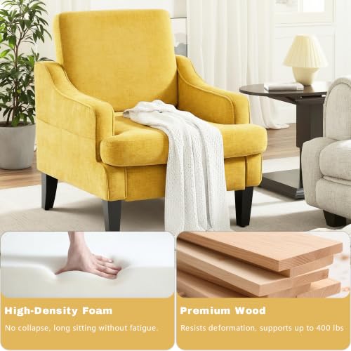 Set of 2 Accent Chair for Living Room,Mid-Century Arm Chair Chenille Fabric Living Room Chairs,Upholstered Reading Chair for Bedroom,Single Sofa Chair with Wood Legs for Apartment (Yellow) - color: Yellow
