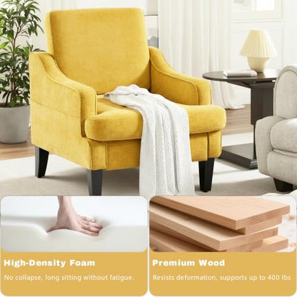 Set of 2 Accent Chair for Living Room,Mid-Century Arm Chair Chenille Fabric Living Room Chairs,Upholstered Reading Chair for Bedroom,Single Sofa Chair with Wood Legs for Apartment (Yellow) - color: Yellow