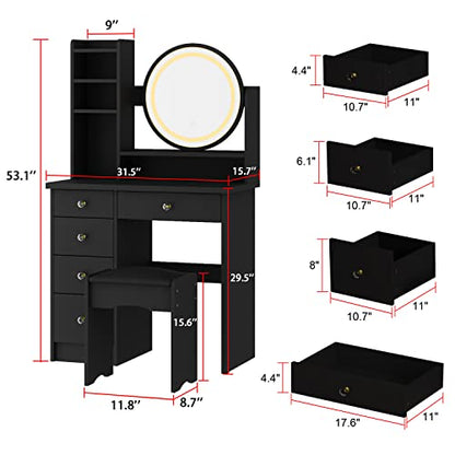 ECACAD Vanity Desk Set with LED Lighted Round Mirror, Makeup Dressing Table with 5 Drawers, Storage Shelves & Cushioned Stool for Bedroom, Black - style: Black-With Light