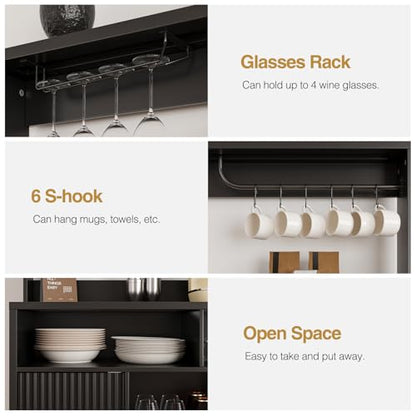 Fluted Buffet Cabinet with Storage, Modern Coffee Bar Cabinet, Black - color: Black, size: Coffee Bar - 15.6"D x 47.2"W x 49.6"H
