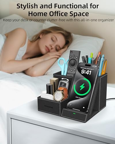 Wireless Charger with Desk Organizer, 3 Compartments and 1 Phone Stand - color: Black
