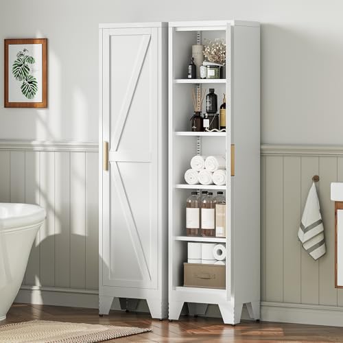 LCAOPC 67" Tall Narrow Bathroom Metal Storage Cabinet with 4 Adjustable Shelves, Freestanding 5 Tier Slim Pantry Storage Cabinet for Small Space, White - color: White, size: 67"H-2 Doors