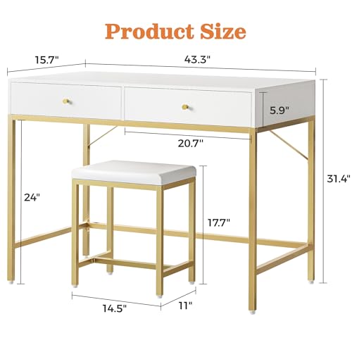 SUPERJARE 43-inch Modern White & Gold Desk - 2 Drawer Vanity - color: Gold and White, size: 43.3 inch