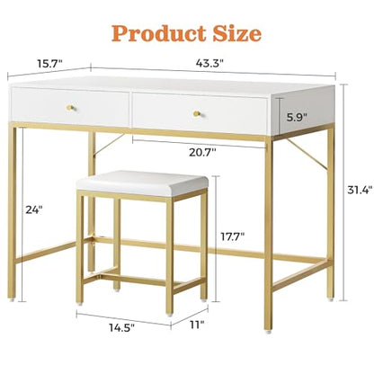 SUPERJARE 43-inch Modern White & Gold Desk - 2 Drawer Vanity - color: Gold and White, size: 43.3 inch