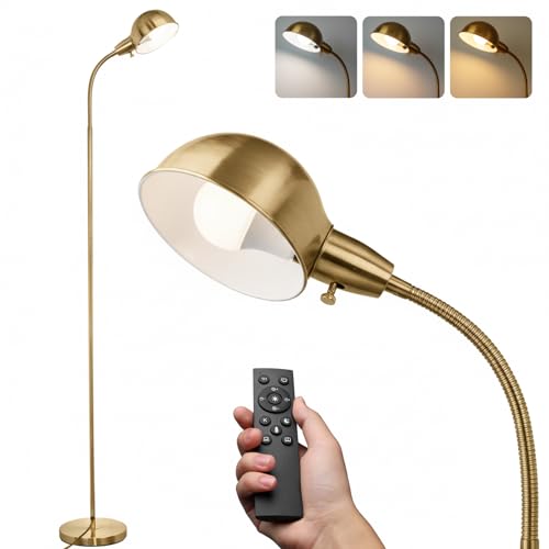 LALISU Modern Metal Dimmable Reading Floor Lamp with Remote, Gold‑Remote - color: Gold-Remote