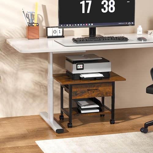 Aetheris Heavy-Duty Printer Stand with Locking Wheels, 2 -Tier Under Desk Table with Storage Drawer, Large Rolling Cart, Printer Table, Fits Printer Scanner Fax Machine, 22" x 15" x 18.3", Brown - color: Brown
