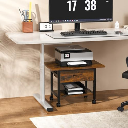Aetheris Heavy-Duty Printer Stand with Locking Wheels, 2 -Tier Under Desk Table with Storage Drawer, Large Rolling Cart, Printer Table, Fits Printer Scanner Fax Machine, 22" x 15" x 18.3", Brown - color: Brown