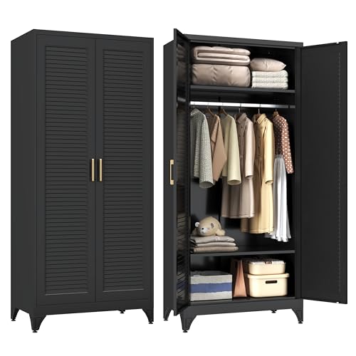 Steeloong 71"Armoire Wardrobe Close,Black Wardrobe Cabinet with Hanging Rod | Metal Closet Cabinet with Doors and Adjustable Shelves,Freestanding Clothing Storage Cabinets for Bedroom Office,Gym,Hospital - color: Black, style: 71"H Wardrobe