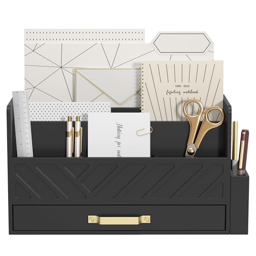 Bamboo Mail Organizer Countertop Pen Holder Wooden Desktop Storage Drawers | Wood Desk Drawer,Letter Sorter,Makeup Organizer,Bill Mail Organizer,5 Slot Desk File Organizer for School Home Office Supplie - color: Black with Pen Holder