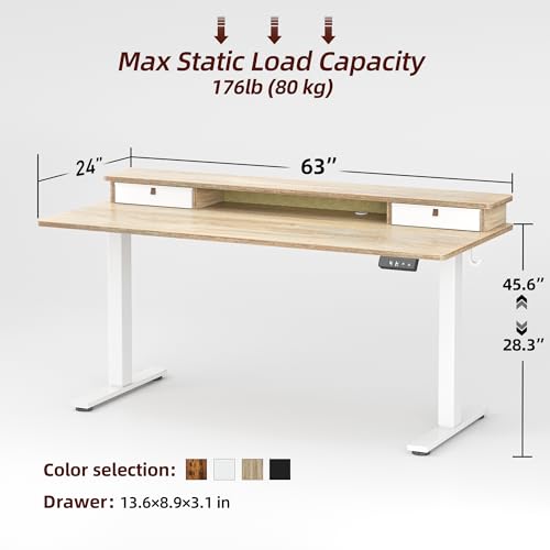 TIQLAB Standing Desk with Two Drawers, Stand Up Standing Desk Adjustable Height, Electric Sit Stand Table with Storage Shelf and Splice Board, 63 * 24 inch, Maple - color: Maple, size: 63*24 inch without keyboard tray