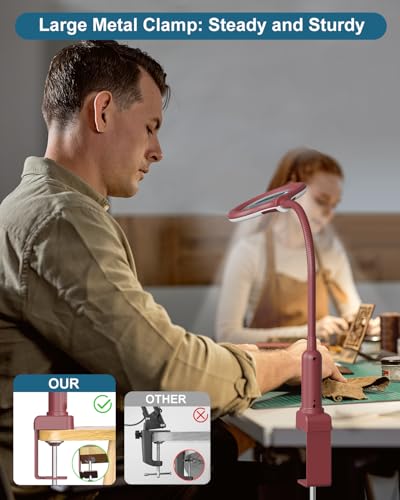 12X Magnifying Glass with Light and Stand, Real Glass, LED 5 Color Modes, Brightness Stepless Dimming Lighted Magnifier Hands Free, Flexible Gooseneck Desk Lamp with Clamp for Close Work, Craft, Red - color: Red