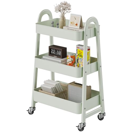 DUMOS 3 Tiers Rolling Utility Cart, Storage Organizer, Shelving Unit | Metal, Lockable Wheels, Mobile, Kitchen, Office, Bathroom, Laundry, Narrow Places, Light Green - color: 3-tier Green