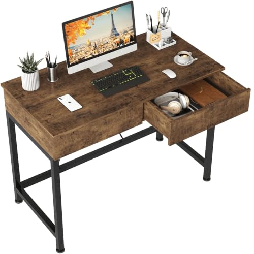 CAIYUN 40“ Small Desk for Bedroom, Computer Desk with 2 Wooden Drawers, Home Office Desk with Storage, Vanity Desk, Kids Study Writing Desk for Small Space, Vintage Table for Bedroom,(Rustic Brown) - color: Rustic Brown, size: 39 Inch