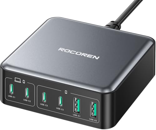 Rocoren 270W GaN 6‑Port Charging Station,100W PD Fast USB‑C Charger Dock - color: Black-270W