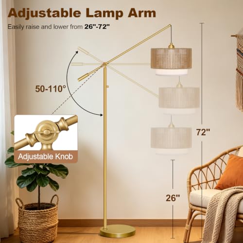 【Upgraded】Boho Dimmable Floor Lamps with Adjustable Swing Arm, 1100 Lumens Bulb Included, Modern Standing Lamp with Rattan & Fabric Shades, Farmhouse Tall Arc Floor Lamp for Living Room Bedroom, Gold - color: Bohemian-Gold