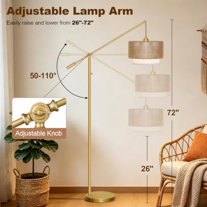 【Upgraded】Boho Dimmable Floor Lamps with Adjustable Swing Arm, 1100 Lumens Bulb Included, Modern Standing Lamp with Rattan & Fabric Shades, Farmhouse Tall Arc Floor Lamp for Living Room Bedroom, Gold - color: Bohemian-Gold