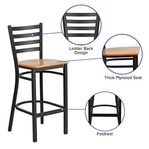 Flash Furniture HERCULES Series Black Ladder Back Metal Restaurant Barstool - Natural Wood Seat - color: Natural Wood Seat/Black Metal Frame, size: Set of 1
