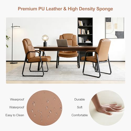 Okeysen Big & Tall Waiting Room Chairs Set of 2, PU Leather Reception Guest Chair with Padded Arm Rest, Office Desk Chair with Sled Base No Wheels, for Office Meeting, Conference Room, Lobby, 500lb - color: Brown, size: Set of 2