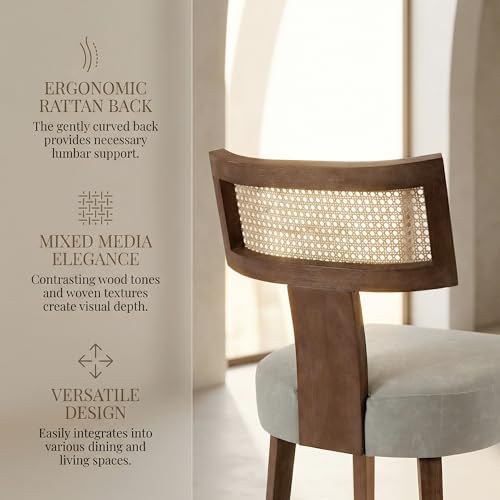 HNY Mid Century Modern Rattan Dining Chairs Set of 2, Farmhouse PU Leather Upholstered Accent Chair Curved Backrest Kitchen Chairs, with Hardwood Frame, Grey - color: Grey Rattan