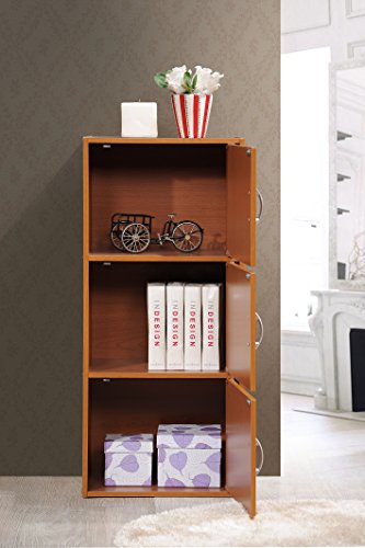 Hodedah 3-Shelf, 3-Door Bookcase in Cherry - color: Cherry