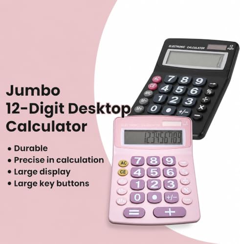 Lily's Home Jumbo 12-Digit Desktop Calculator Set of 2 (Black & Pink), Solar/Battery Dual Power, Large Tilted LCD Display, Big Button Design, Quiet Operation, for Office, School, Business & Home Use - color: Black&Pink