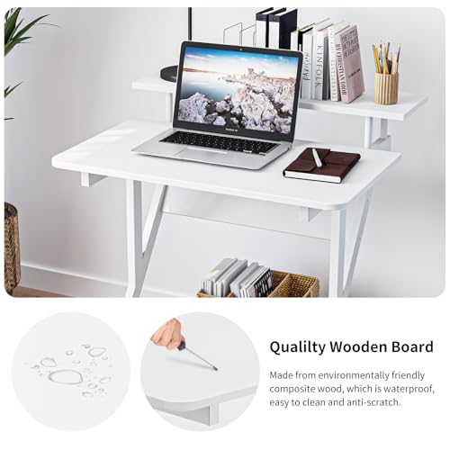 Dripex Computer Desk for Small Spaces, 27.5 inch Small Computer Desk, 3 Tier Compact Desk with Monitor Shelf and Bottom Storage Shelves, Space Saving Desk, White - color: White