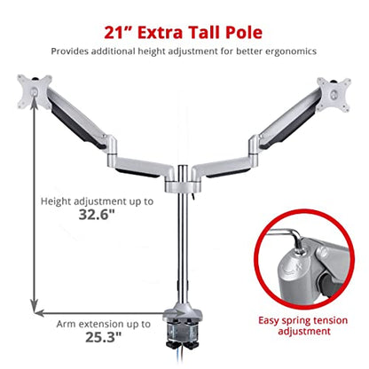 SIIG Dual Monitor Gas Spring Desk Mount W/USB Port | Mount two monitors on a desk from 13"-32" up to 19.8 lbs each; gas-spring adjustment and C-clamp confirm desk fit.