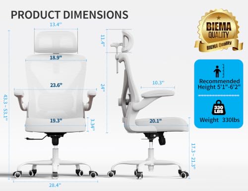 Ergonomic Office Chair: Mesh Desk Chair Comfy with Headrest& Lumbar Support | Ergalithic Big and Tall Office Chairs with Wheels & Flip-Up Arms-Computer Gaming Chairs for Adults Home Office Chairs(White) - color: White, size: Pack of 1