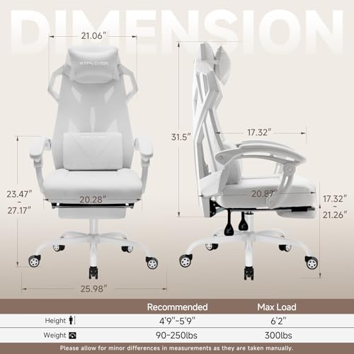 GTPLAYER Computer Chair with Adjustable Footrest, Ergonomic Gaming Chair with Headrest and Lumbar Support, Breathable Mesh Office Chair for Adults, High Back Reclining Desk Chair for Gaming and Office - color: White