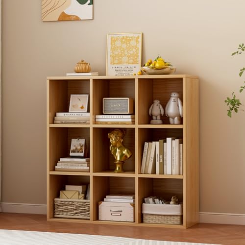 9-Cube Storage Shelf Bookcase, Oak | Wooden 3-Tier Open Bookshelf, Fits 11×11" Bins, Vertical or Horizontal Use, Full Back Panels, For Home Office - color: Oak, size: 9-Cube