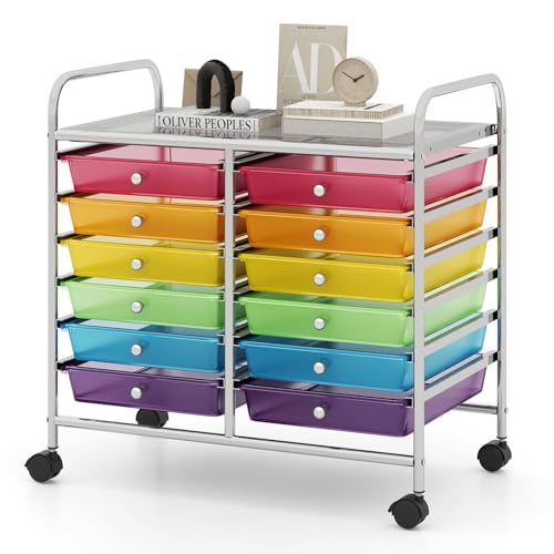 RELAX4LIFE 12-Drawer Rolling Storage Cart - Mobile Utility Cart on Wheels for School Classroom Teacher Office Salon, Paper File Art Supply Craft Organizer, Rolling Cart with Drawers (Rainbow) - color: Rainbow, size: 24.5''