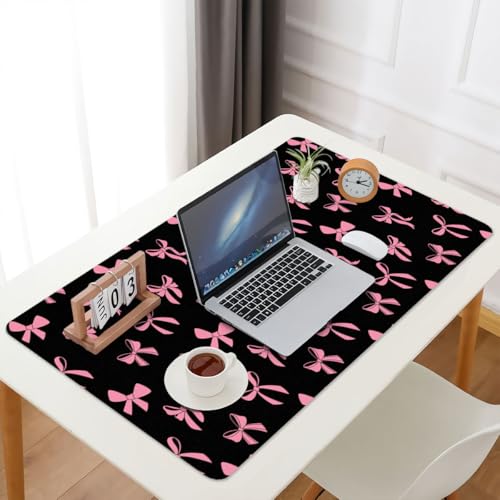 Cute Kawaii Pink Bow Black Extended Gaming Keyboard Mouse Pad | Non-slip Leather Home Office Desk Mat Protector - color: Pink Bow/Black, size: L(31.5×15.7 inch)