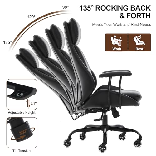 Leather Executive Office Chair, Computer Desk Chair, Black | Ergonomic, Rubber Wheels, Lumbar Support, 360° Swivel, High Back, Adjustable Height, for Modern Home Office - color: Jet Black