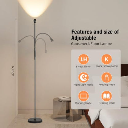 Powfloven LED Reading Floor Lamp, Adjustable Beam Task Floor Lamp with Remote & Touch Control, 2700K–6000K Dimmable Floor Reading Light, Flexible Gooseneck Standing Lamp for Bedroom Living Room