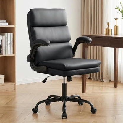 Mid Back Office Desk Chair,Leather Conference Room Chairs,Ergonomic Home Computer Chair,Modern Executive Chair with Padded Flip-up Armrest and Swivel Wheels (Black) - color: Black
