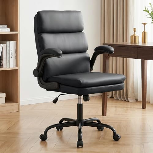 Mid Back Office Desk Chair,Leather Conference Room Chairs,Ergonomic Home Computer Chair,Modern Executive Chair with Padded Flip-up Armrest and Swivel Wheels (Black) - color: Black
