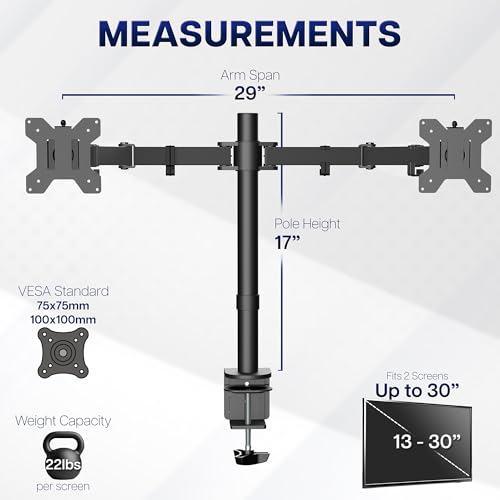 VIVO Dual Monitor Desk Mount, Holds 2 Computer Screens up to 30 inches and 22lbs Each, Heavy Duty Fully Adjustable Steel Stand with C-Clamp and Grommet, Black, STAND-V002 | Black, Articulating, Adjustable Monitor Arm, Grommet or C-Clamp Mounting, Computer