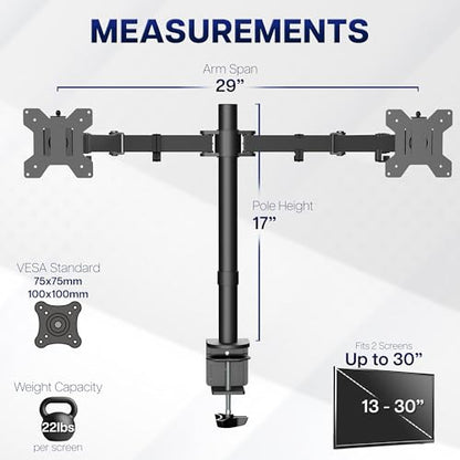 VIVO Dual Monitor Desk Mount, Holds 2 Computer Screens up to 30 inches and 22lbs Each, Heavy Duty Fully Adjustable Steel Stand with C-Clamp and Grommet, Black, STAND-V002 | Black, Articulating, Adjustable Monitor Arm, Grommet or C-Clamp Mounting, Computer