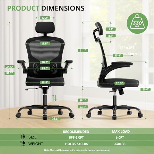Office Chair Ergonomic Desk Chair, 330LBS Capacity, High Back Computer Chair for Long Hours Comfortable, Rolling Swivel Executive Task Chair for Home Office with Flip-up Armrests, Black - color: Black